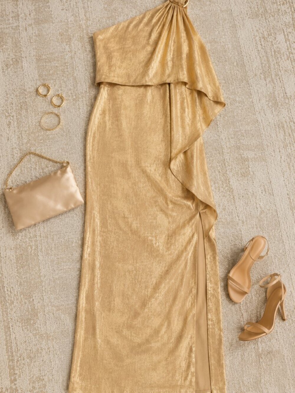 Adriana Papell Metallic Layered One Shoulder Gown Light Gold Size 6 NWT - Picture 1 of 6